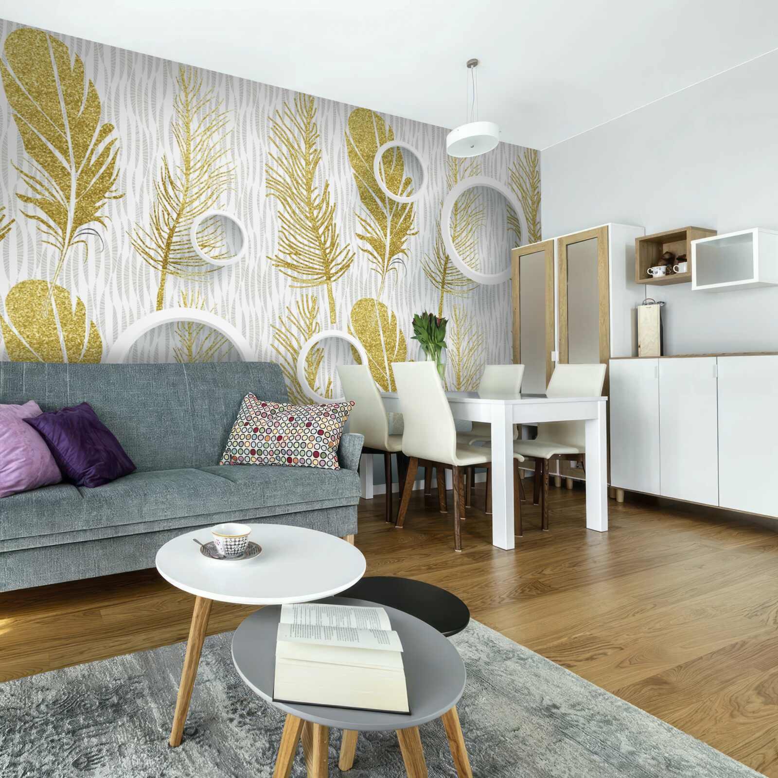 Fototapet pene pufoase aurii și cercuri albe ca zăpada