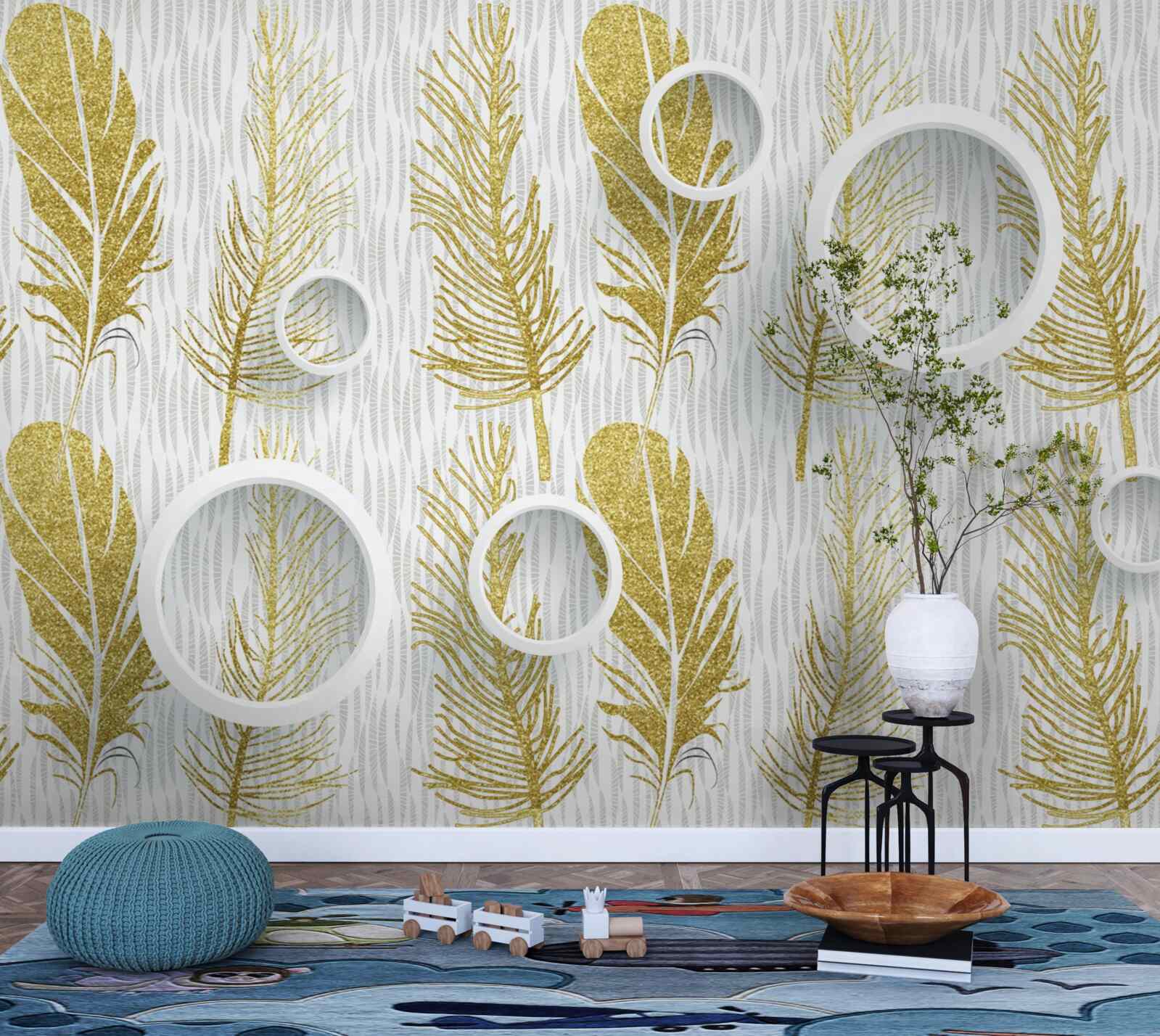 Fototapet pene pufoase aurii și cercuri albe ca zăpada