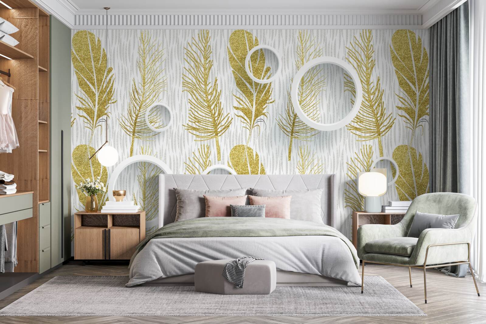 Fototapet pene pufoase aurii și cercuri albe ca zăpada