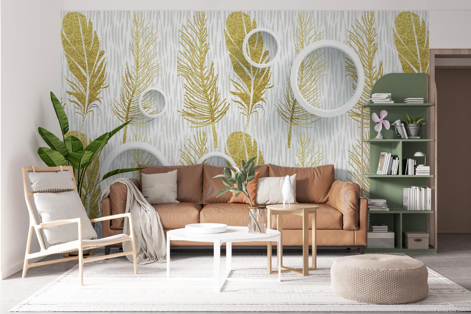 Fototapet pene pufoase aurii și cercuri albe ca zăpada