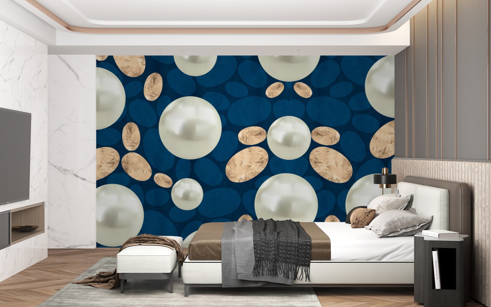 Fototapet cristale aurii și perle albe