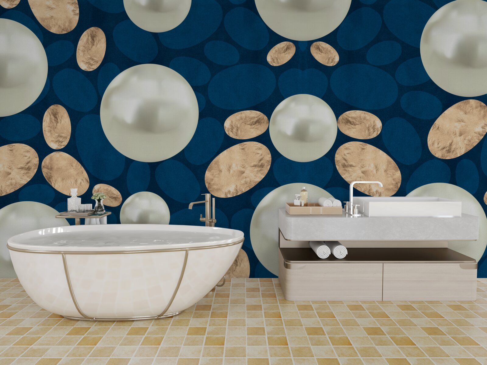 Fototapet cristale aurii și perle albe