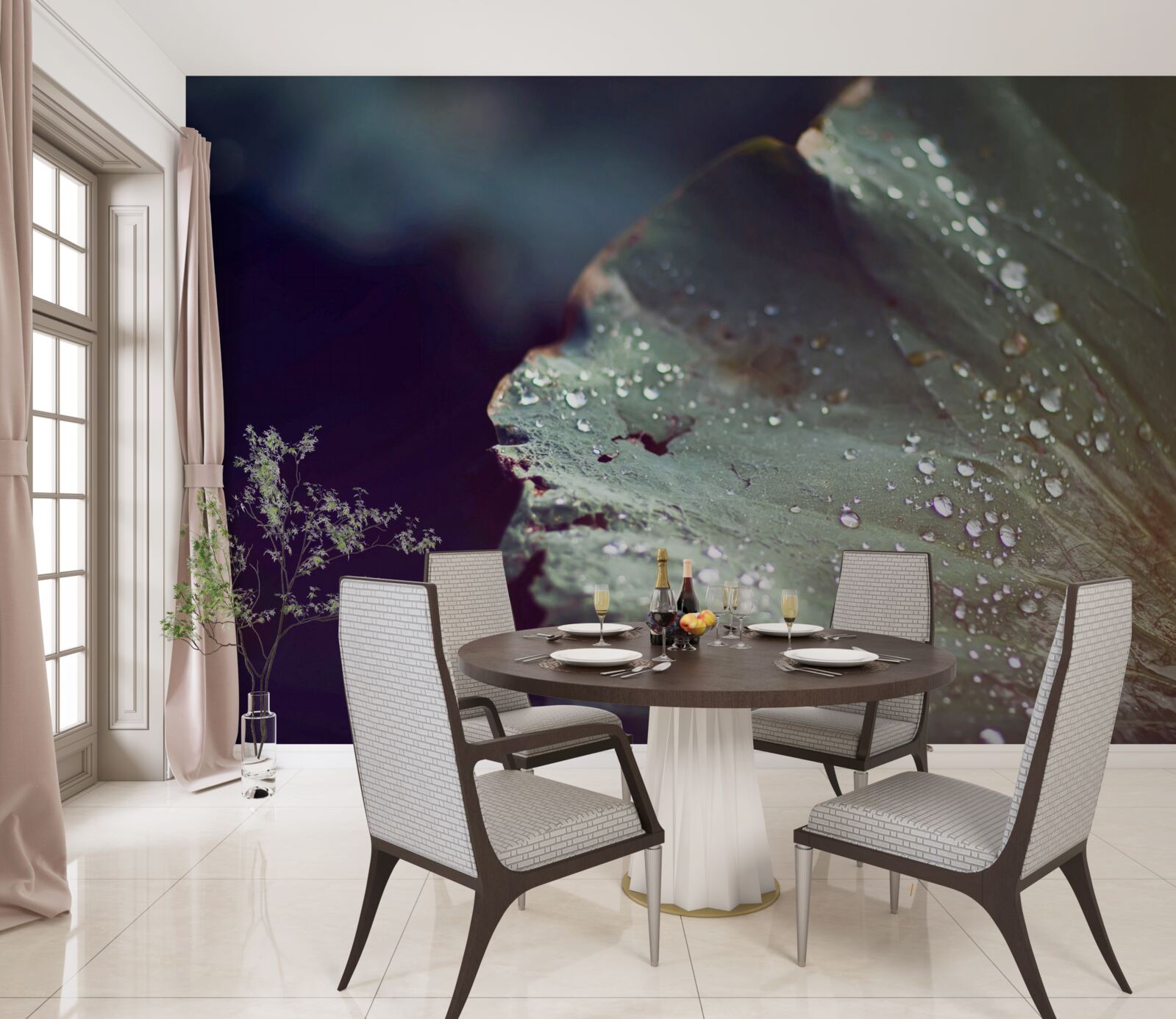 Fototapet boabe de rouă timpurie pe o frunză