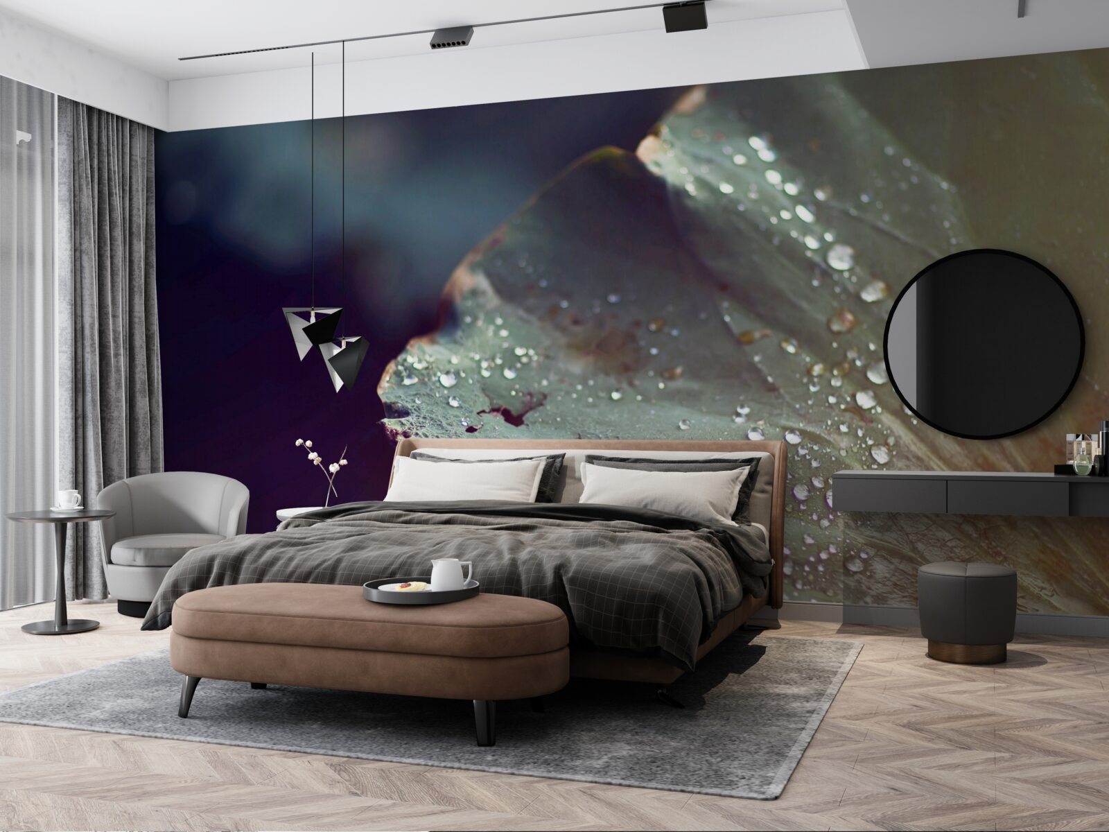 Fototapet boabe de rouă timpurie pe o frunză