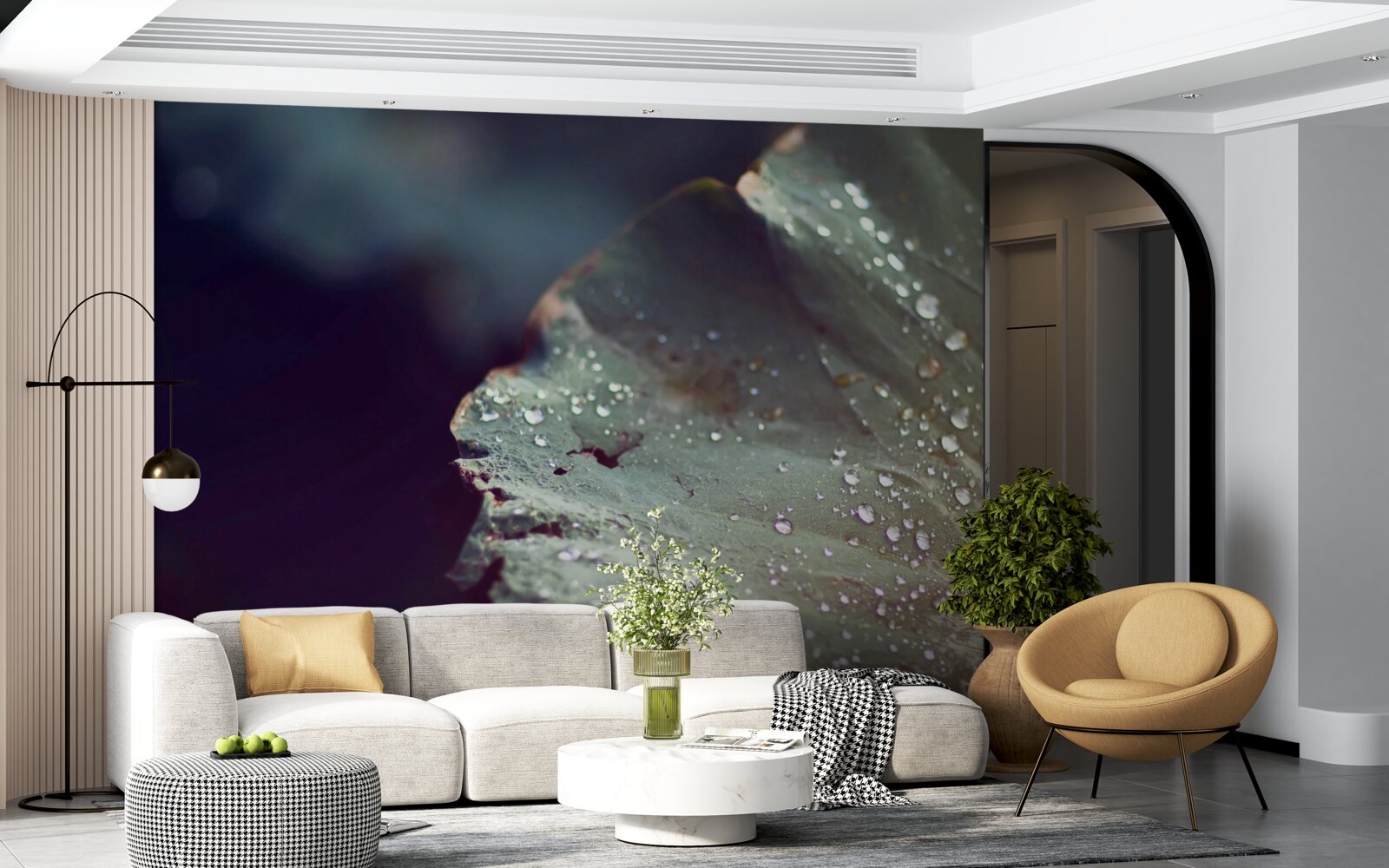 Fototapet boabe de rouă timpurie pe o frunză