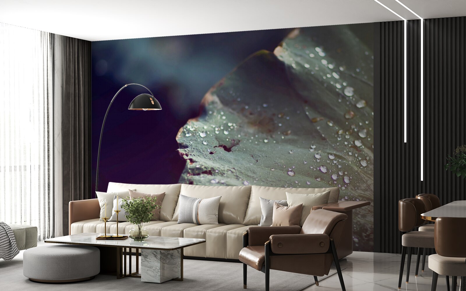 Fototapet boabe de rouă timpurie pe o frunză