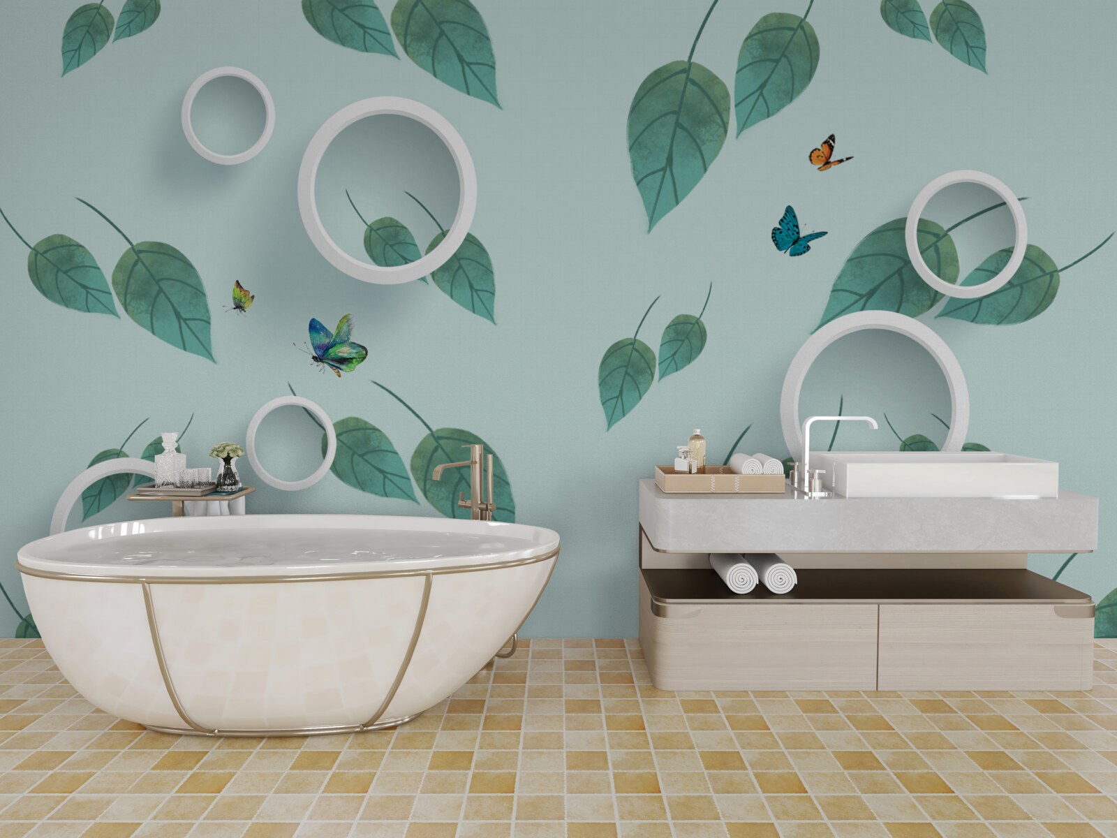 Fototapet Lepidoptere printre frunzele verzi