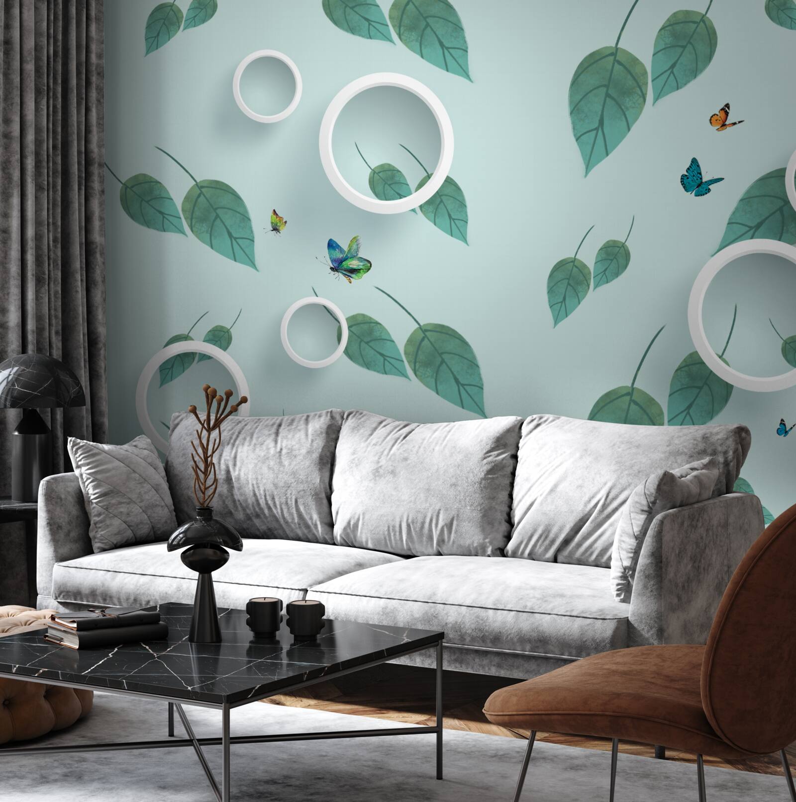 Fototapet Lepidoptere printre frunzele verzi