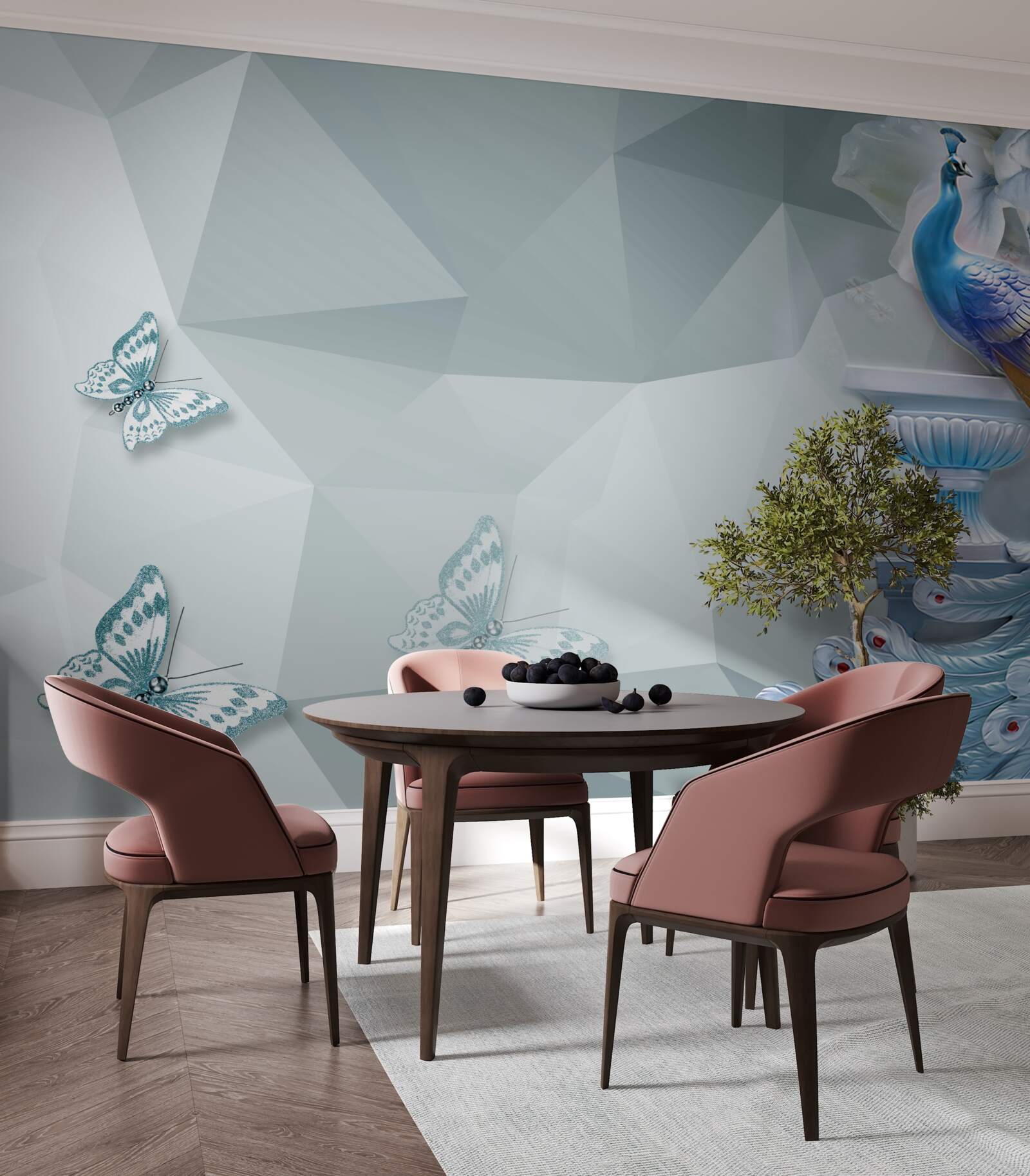 Fototapet păun magnific și fluturi