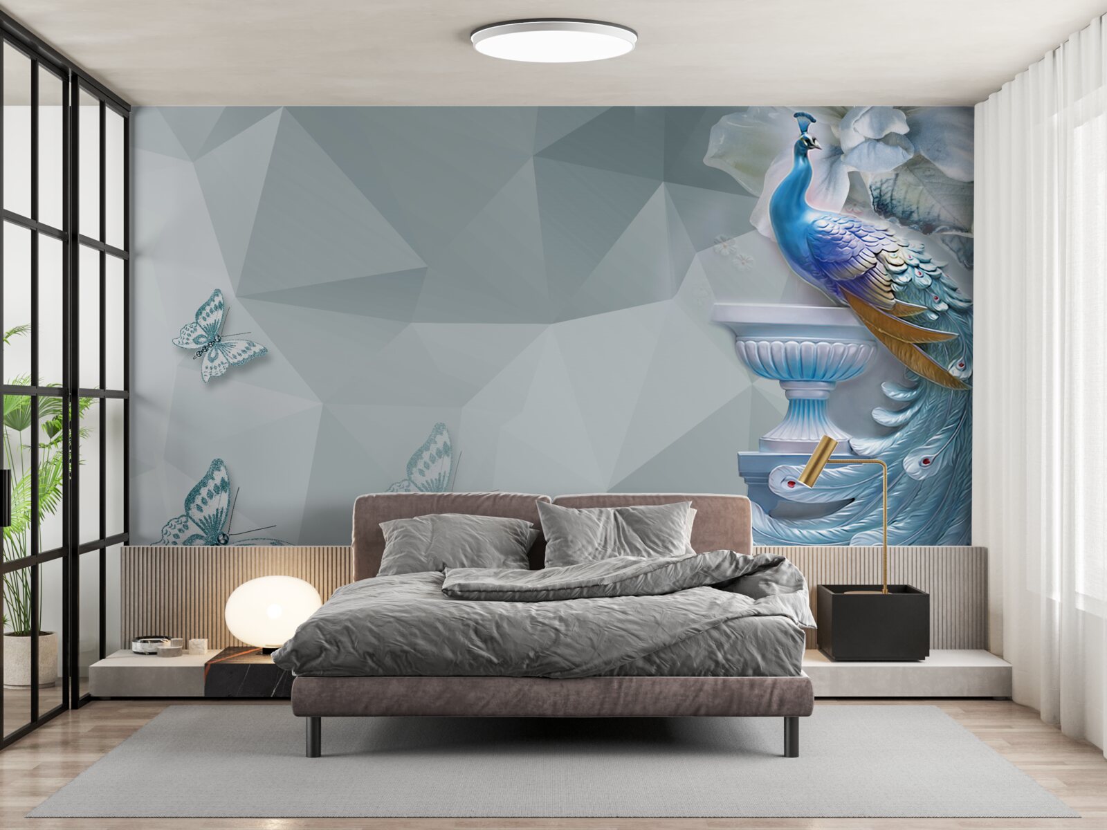 Fototapet păun magnific și fluturi