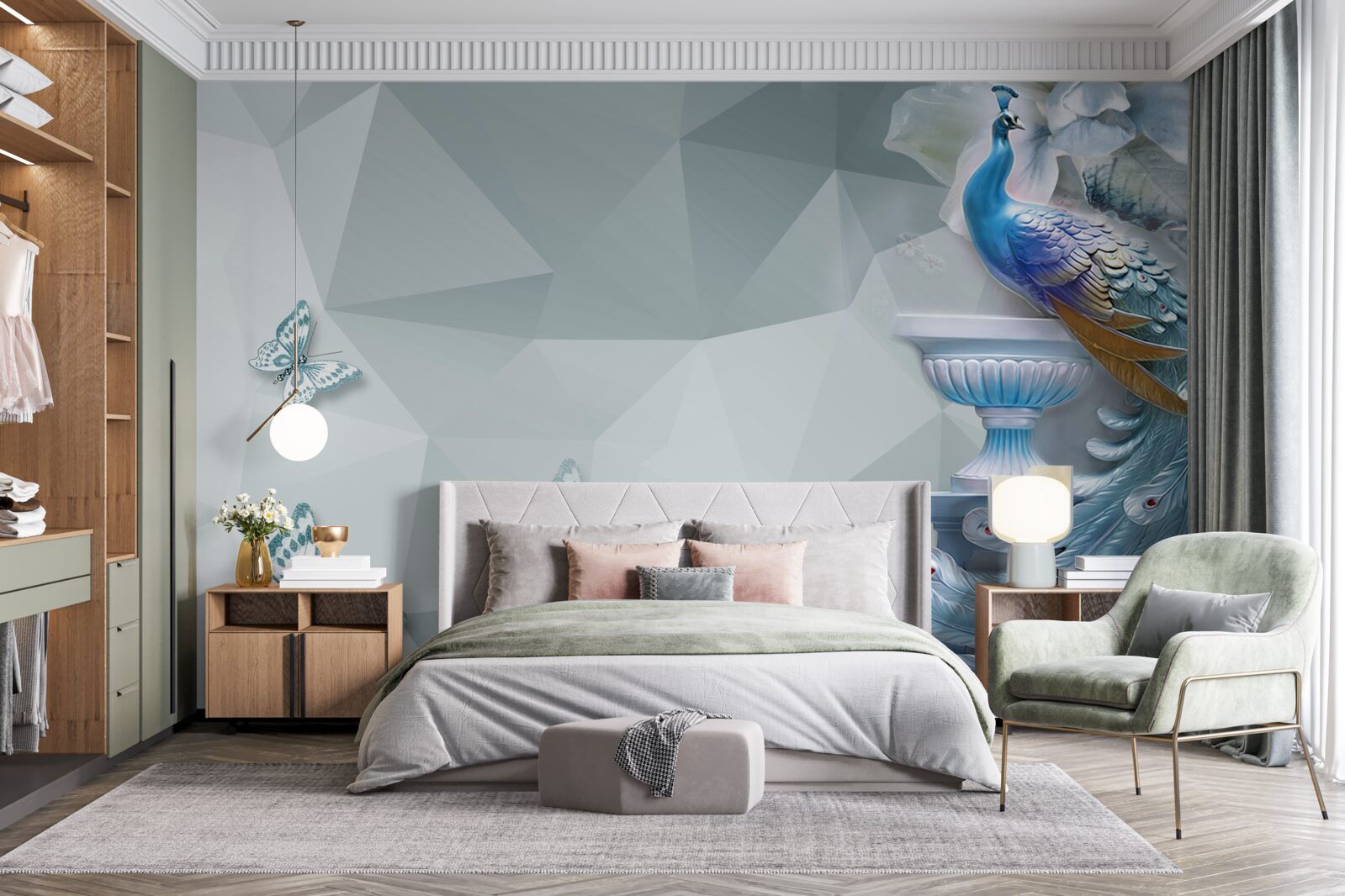 Fototapet păun magnific și fluturi