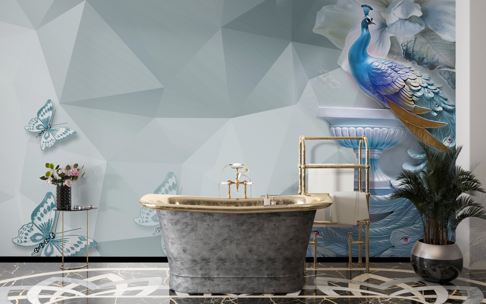 Fototapet păun magnific și fluturi