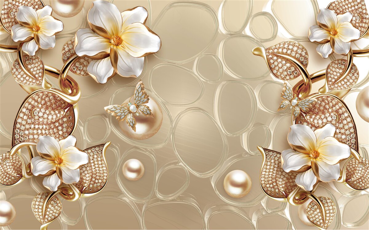 Fototapet perle pe mătase dezvoltă ramuri cu flori albe