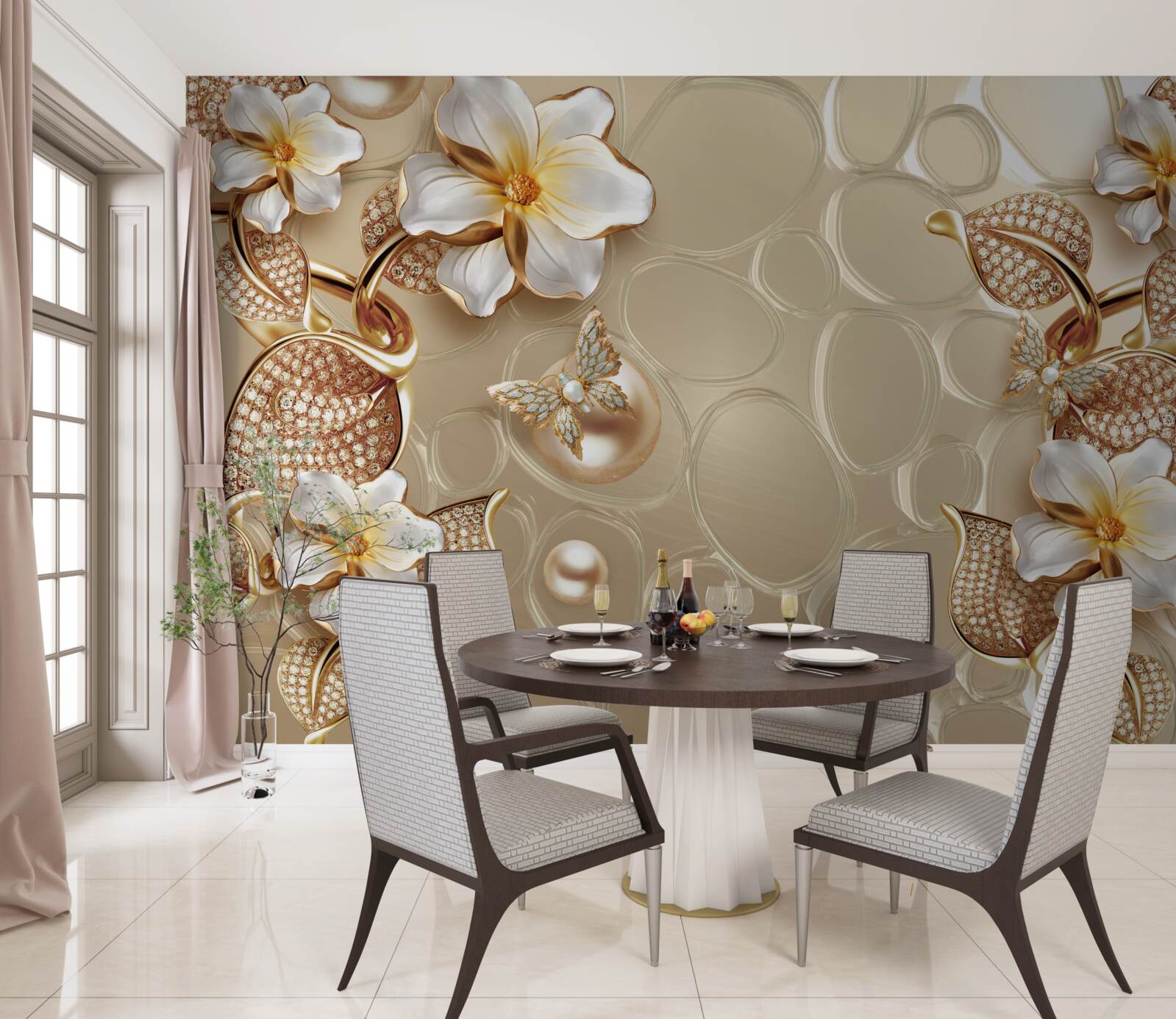 Fototapet perle pe mătase dezvoltă ramuri cu flori albe