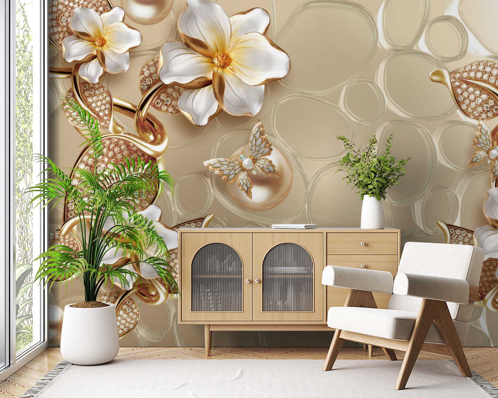 Fototapet perle pe mătase dezvoltă ramuri cu flori albe