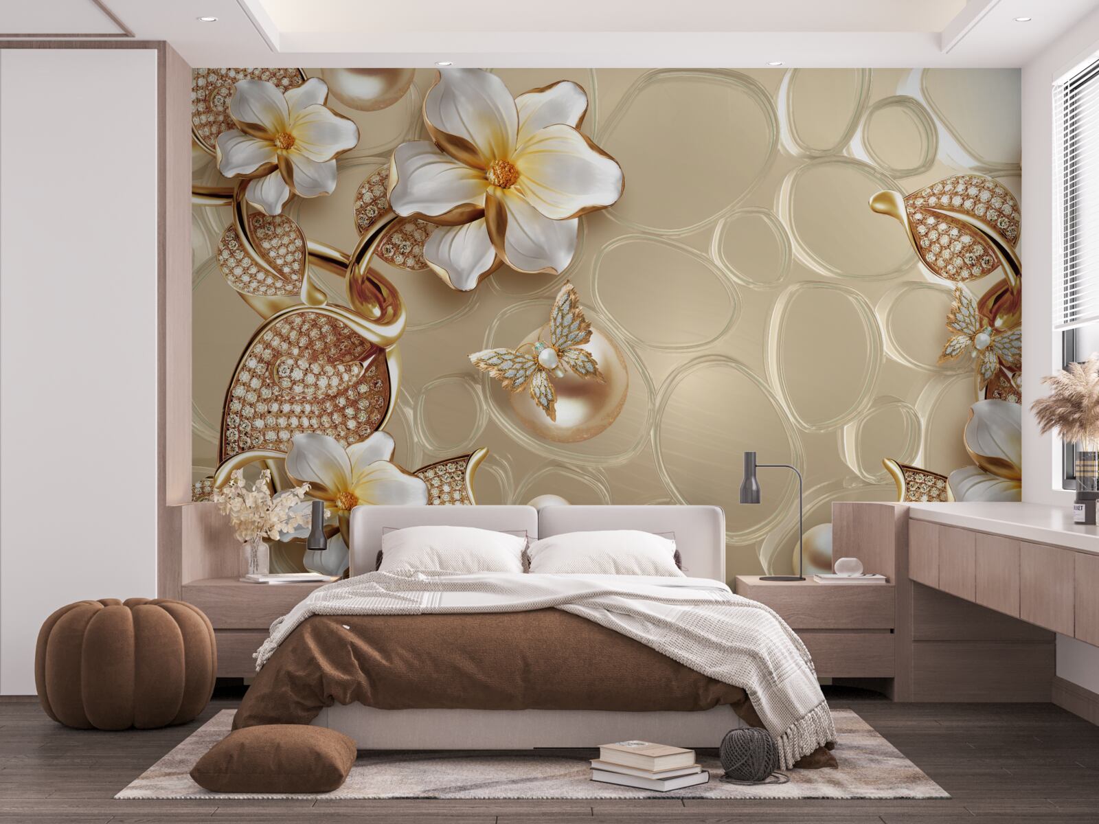 Fototapet perle pe mătase dezvoltă ramuri cu flori albe