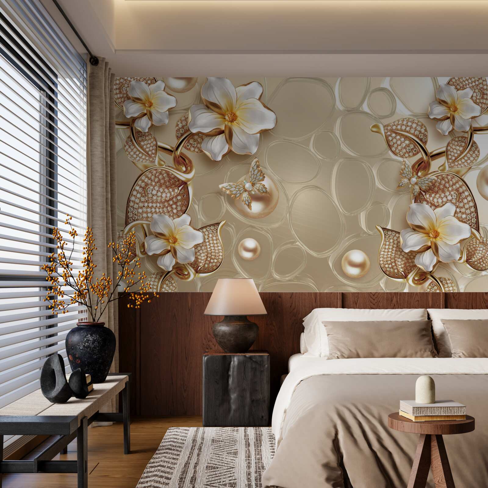 Fototapet perle pe mătase dezvoltă ramuri cu flori albe