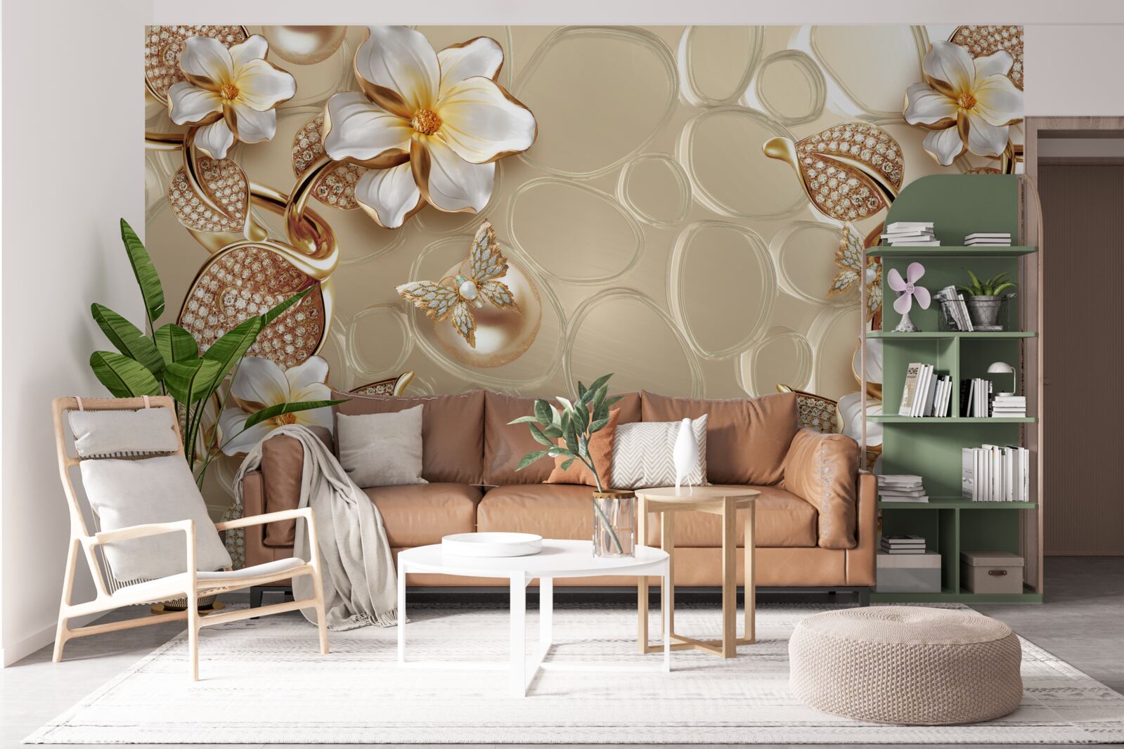 Fototapet perle pe mătase dezvoltă ramuri cu flori albe