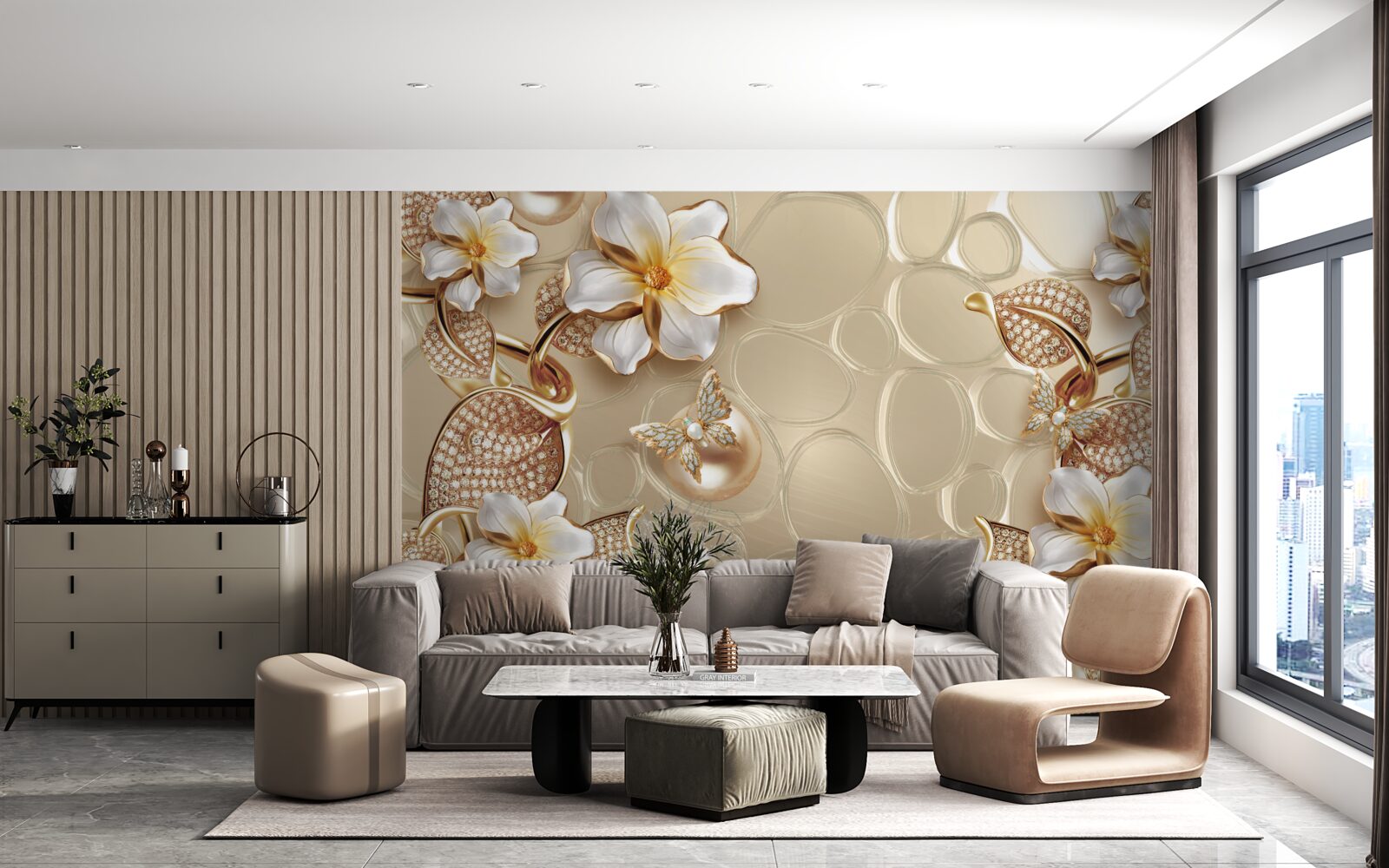 Fototapet perle pe mătase dezvoltă ramuri cu flori albe