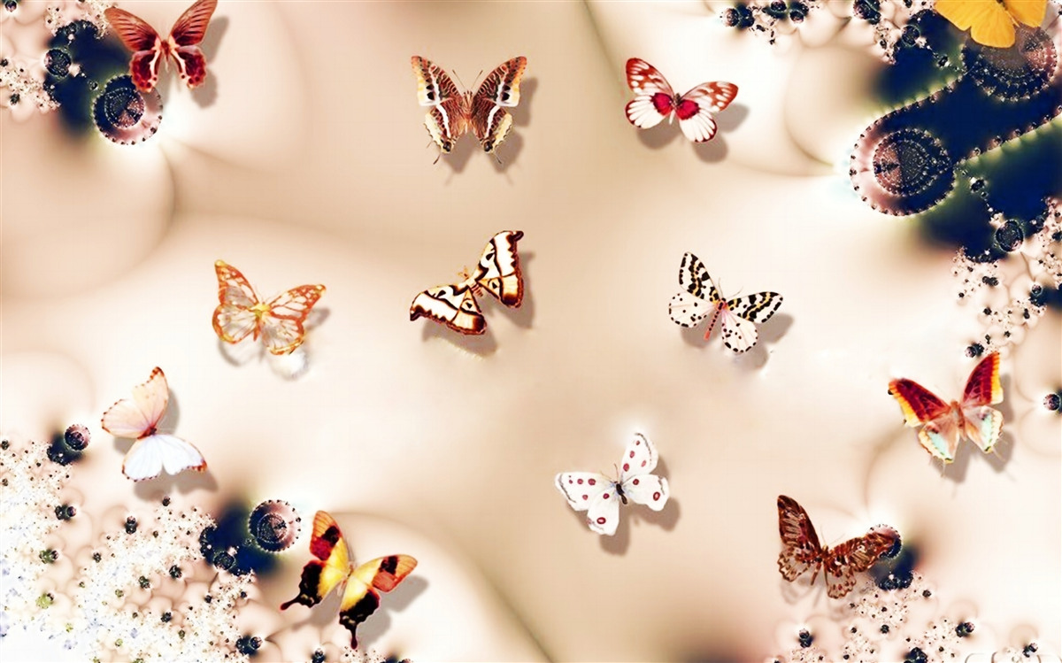 Fototapet fluturi în diferite culori pe mătase roz