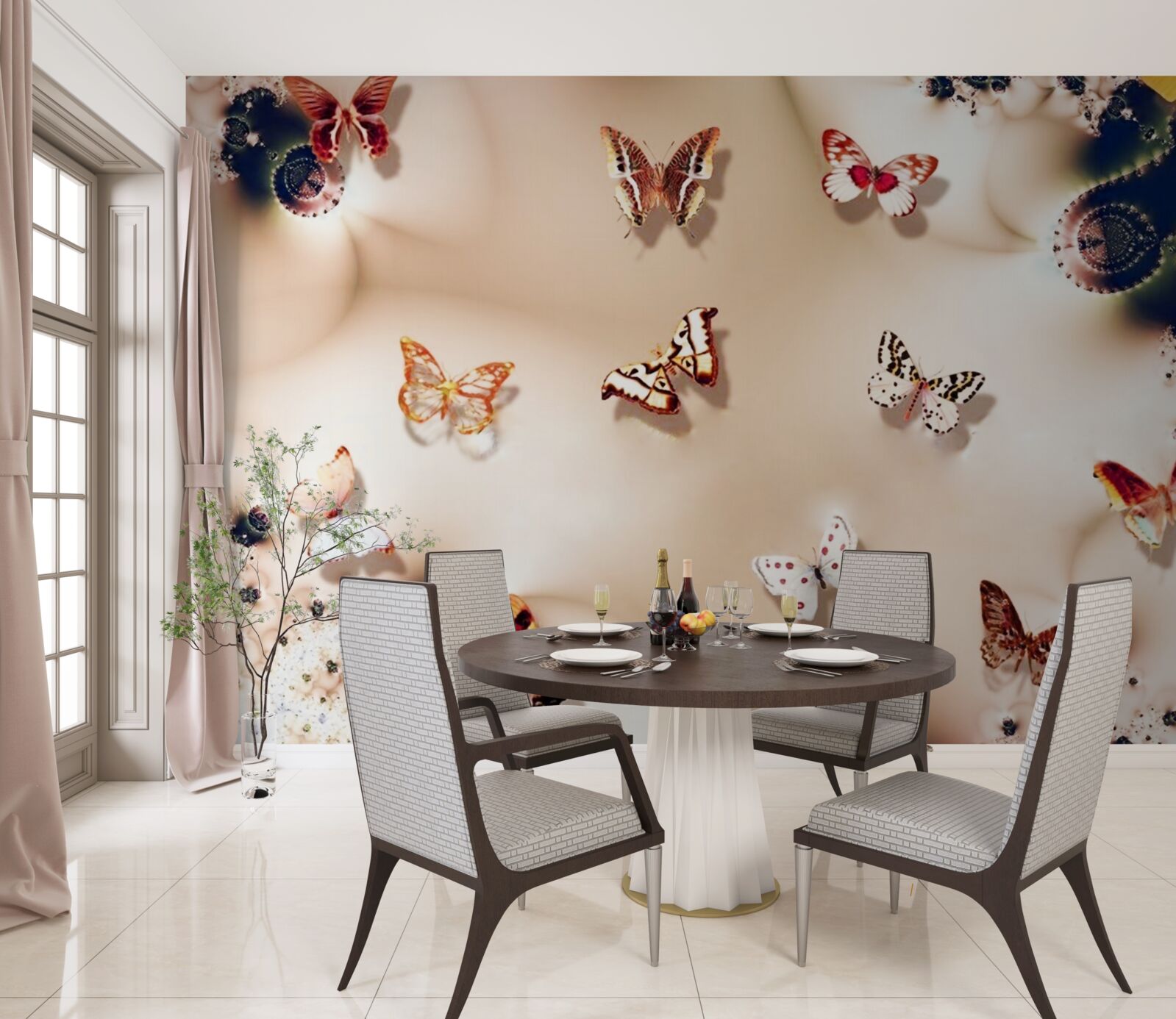 Fototapet fluturi în diferite culori pe mătase roz