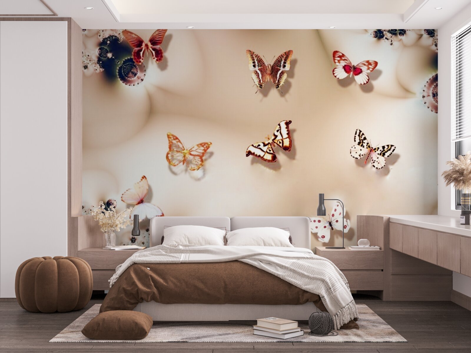 Fototapet fluturi în diferite culori pe mătase roz