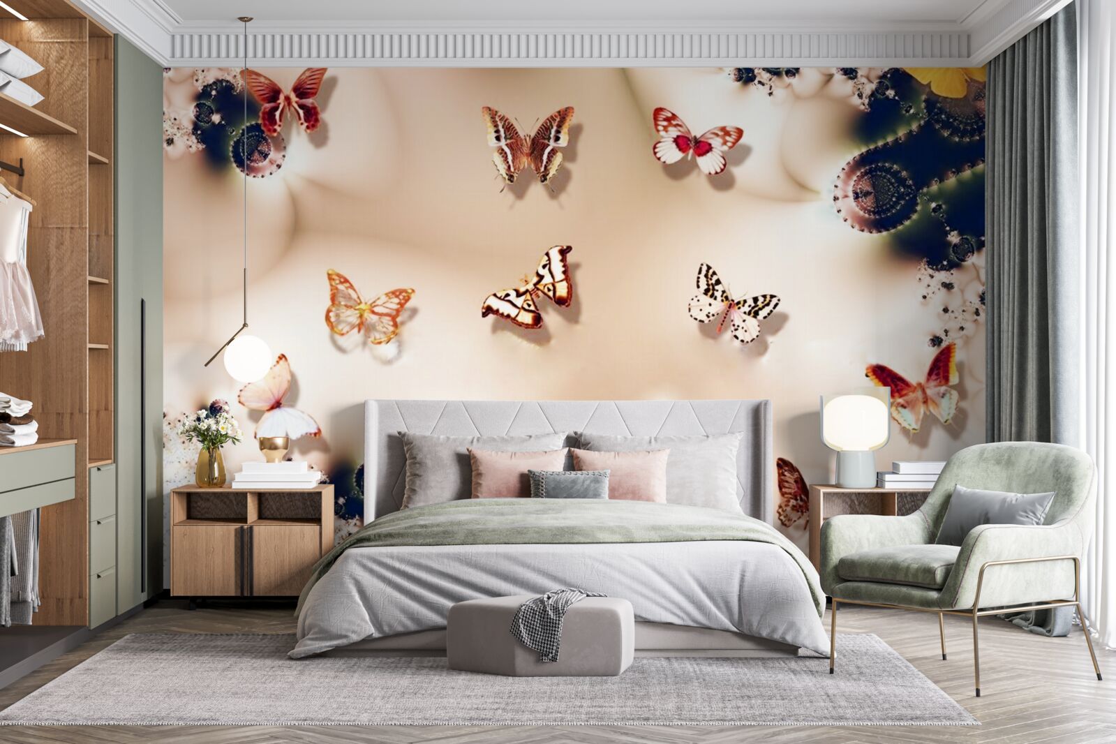 Fototapet fluturi în diferite culori pe mătase roz