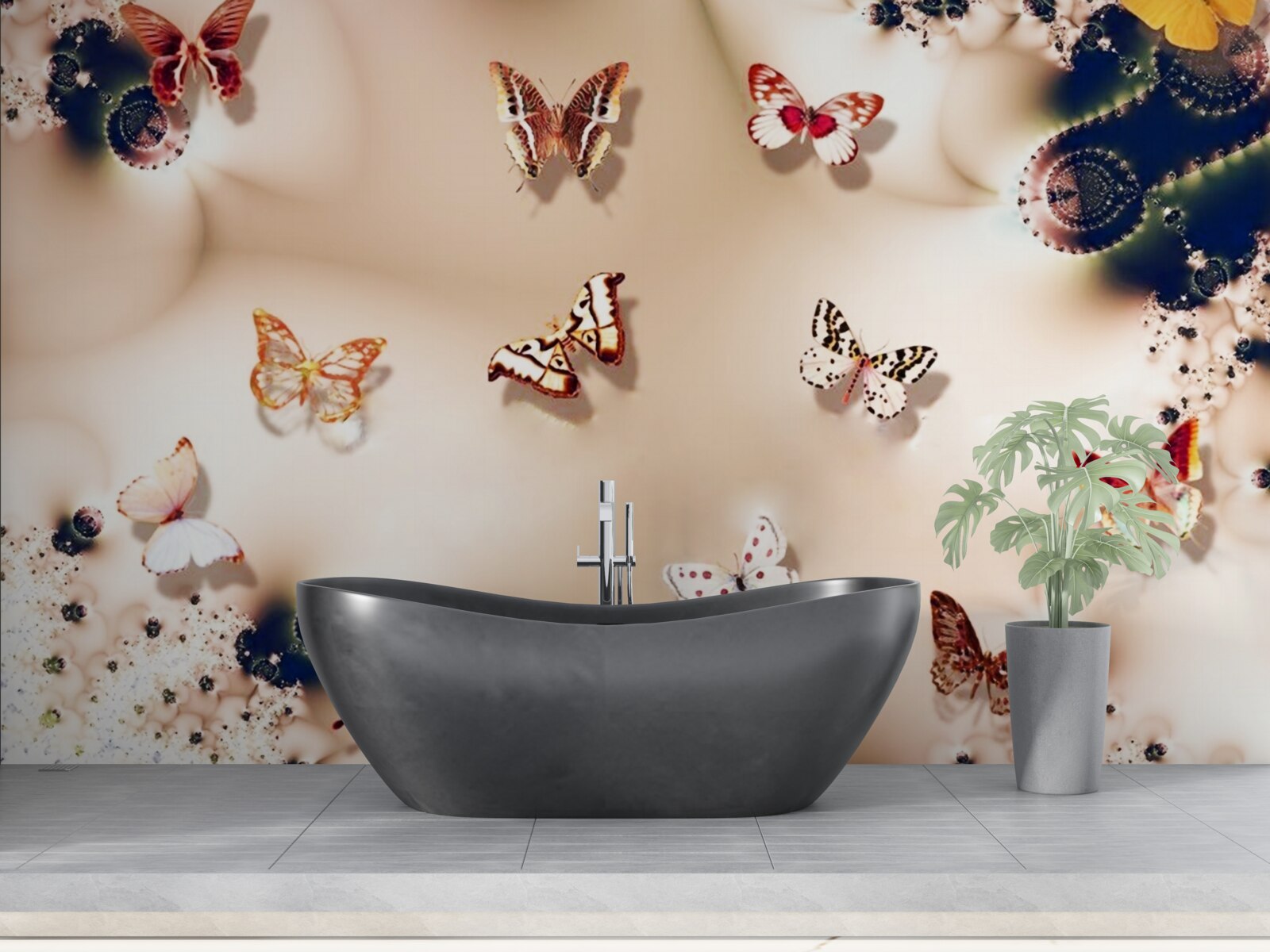 Fototapet fluturi în diferite culori pe mătase roz