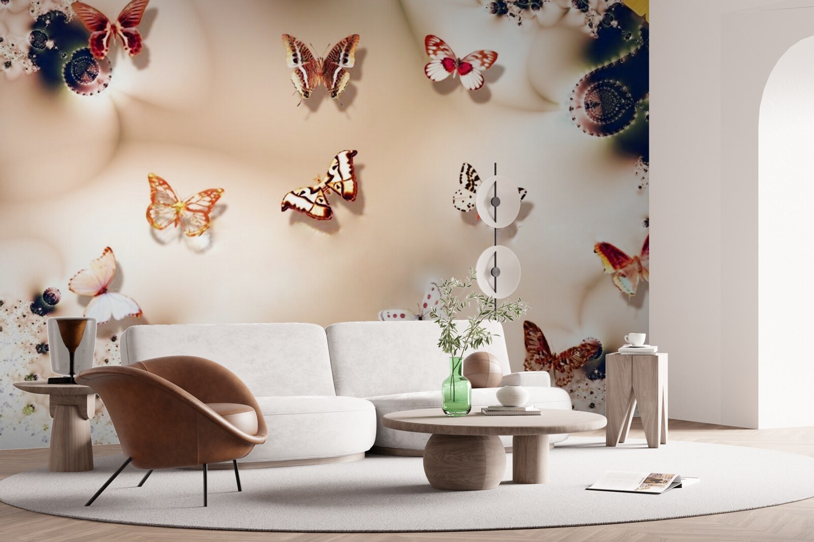 Fototapet fluturi în diferite culori pe mătase roz