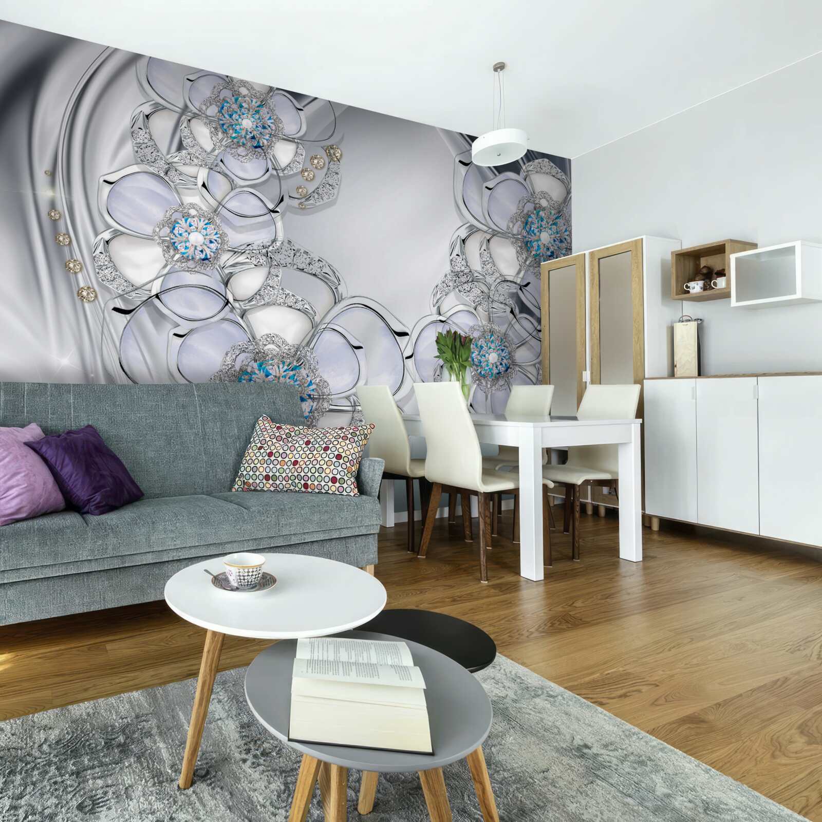 Fototapet muguri argintii cu diamante albastre