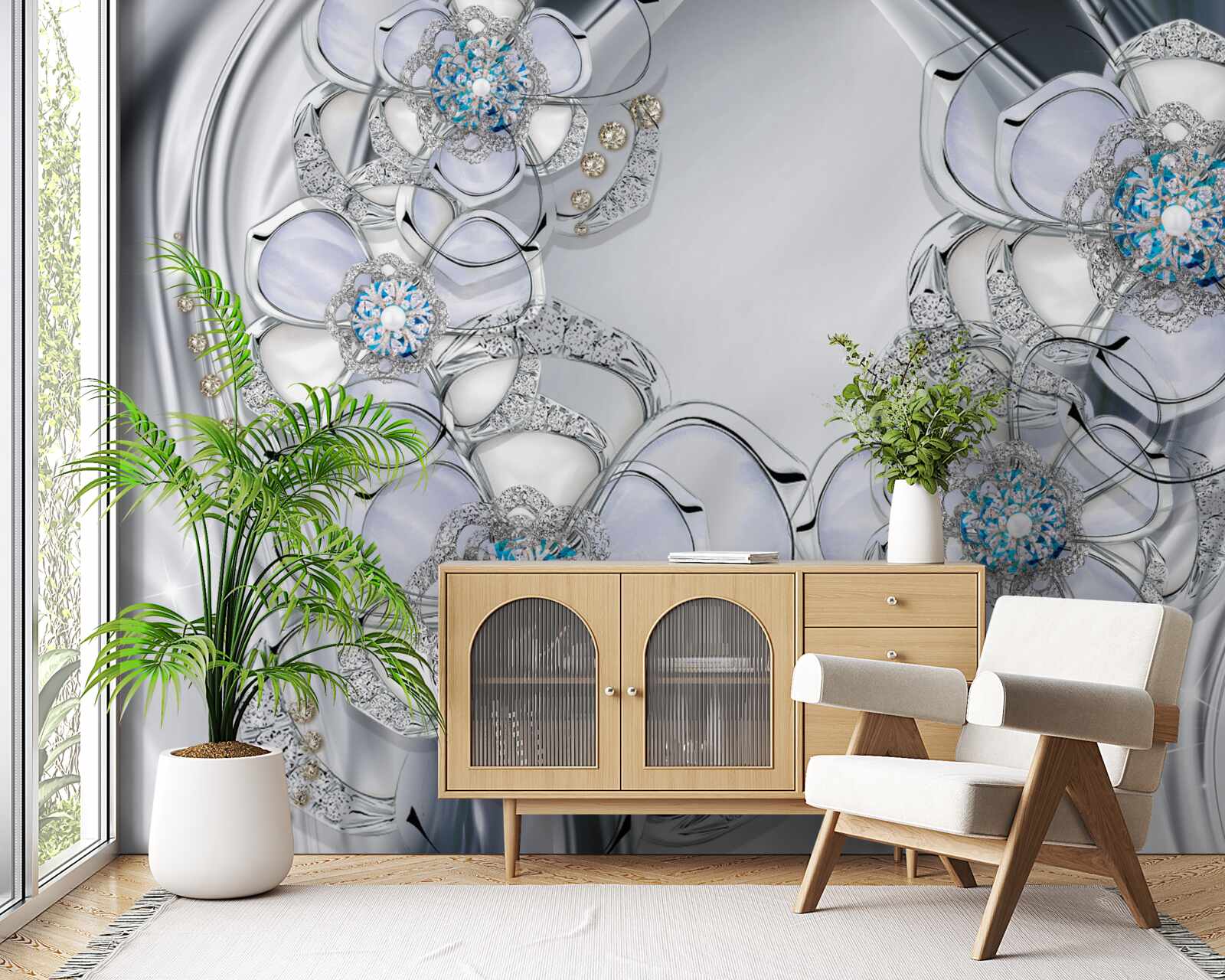 Fototapet muguri argintii cu diamante albastre