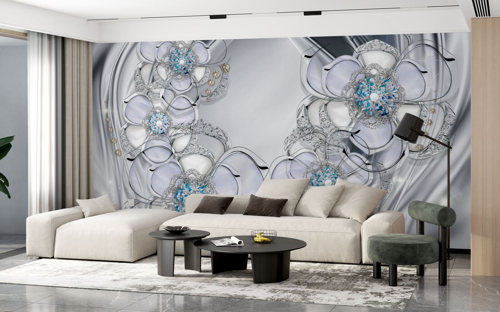Fototapet muguri argintii cu diamante albastre