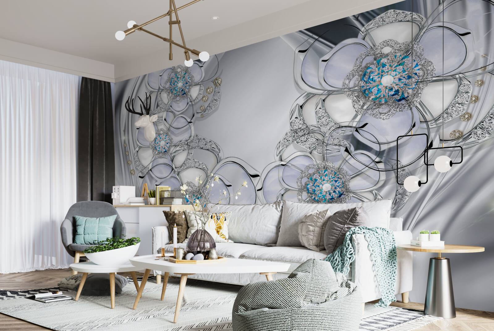 Fototapet muguri argintii cu diamante albastre