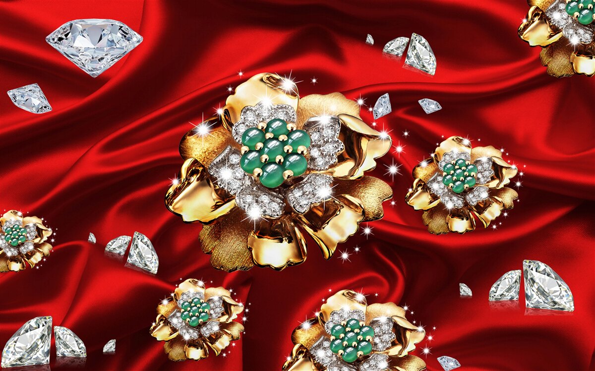 Fototapet flori din aur și decorate cu diamante sunt așezate pe mătase roșie