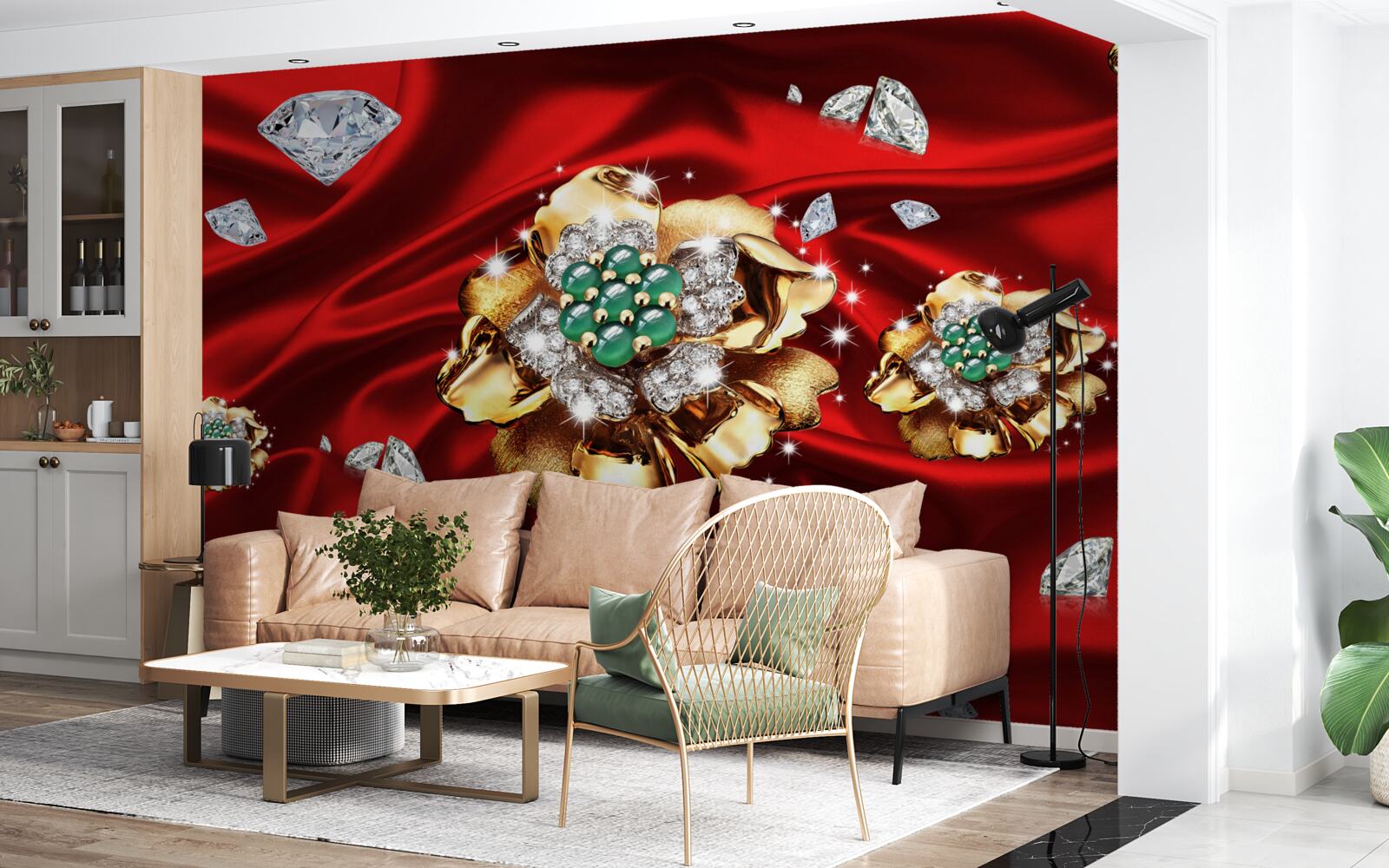 Fototapet flori din aur și decorate cu diamante sunt așezate pe mătase roșie