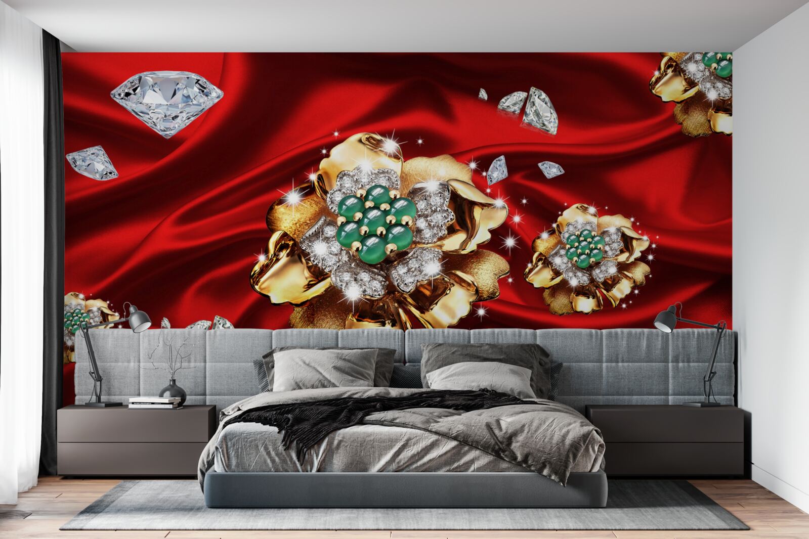 Fototapet flori din aur și decorate cu diamante sunt așezate pe mătase roșie