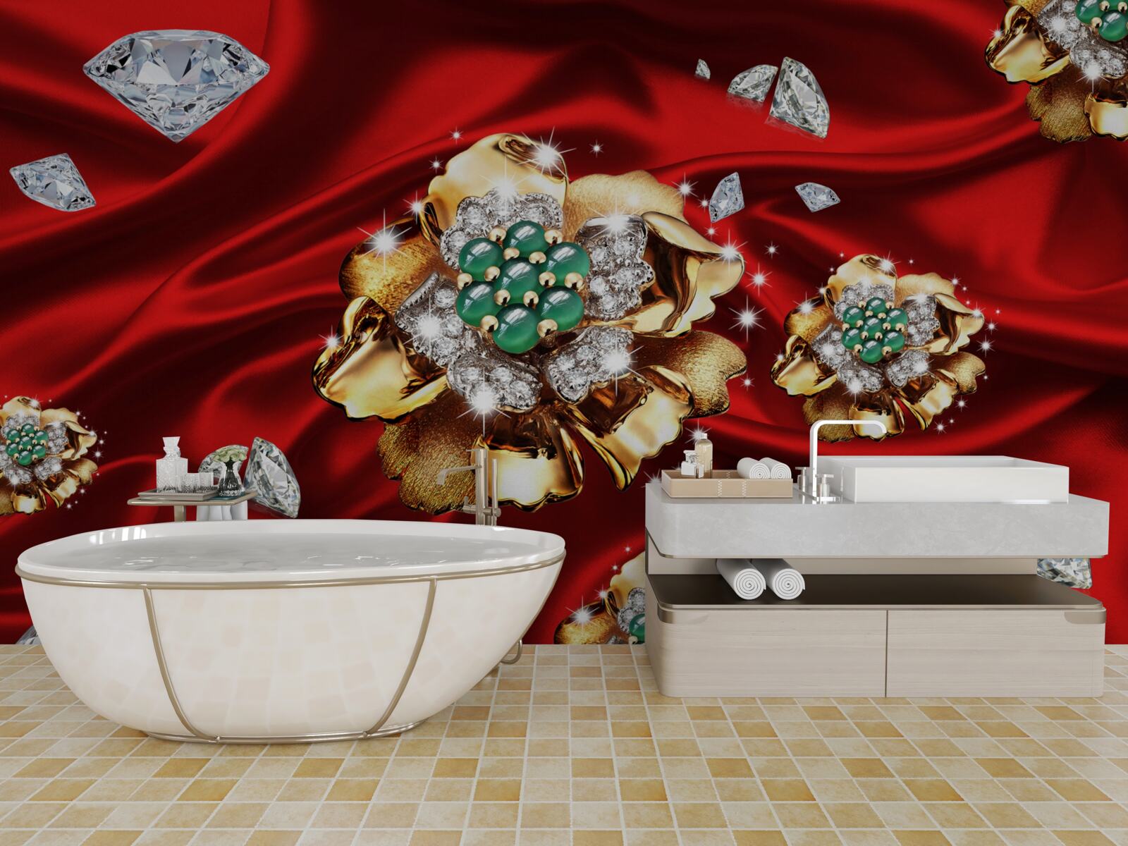 Fototapet flori din aur și decorate cu diamante sunt așezate pe mătase roșie