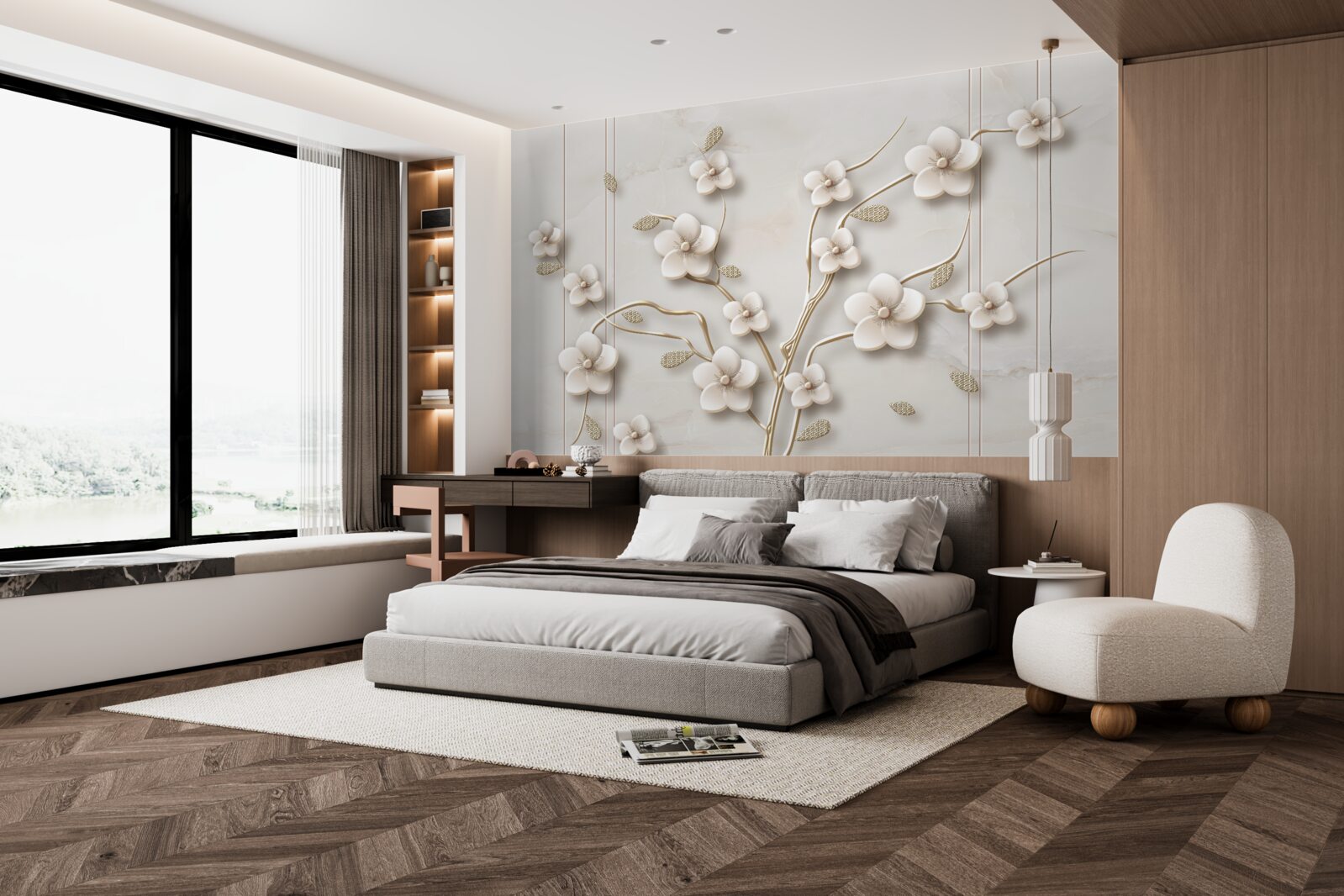 Fototapet copac cu flori albe