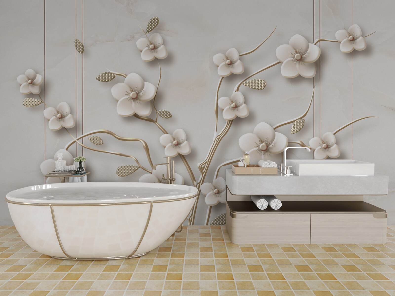 Fototapet copac cu flori albe