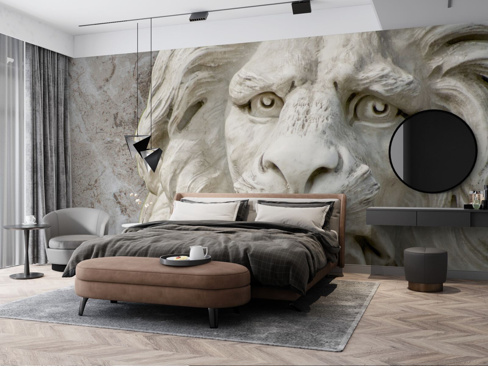 Fototapet cap de leu în basorelief