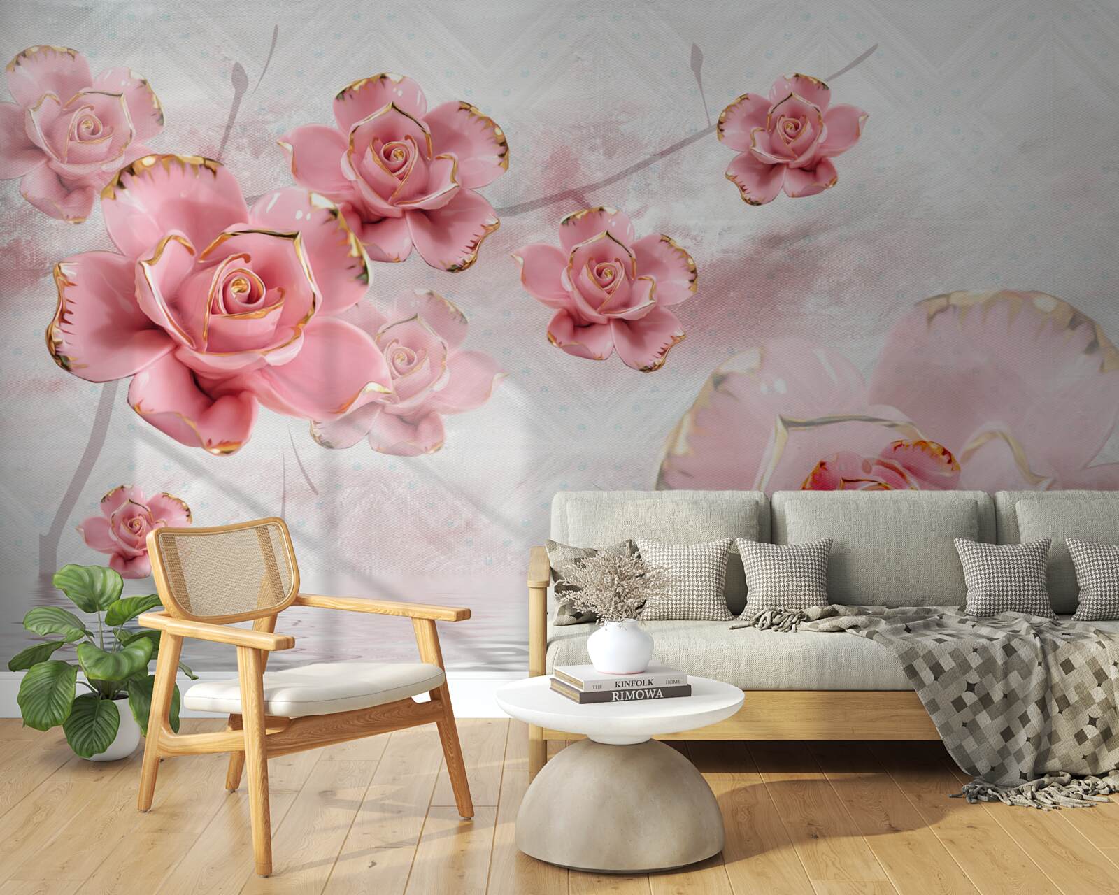 Fototapet trandafiri cu margini de aur roz