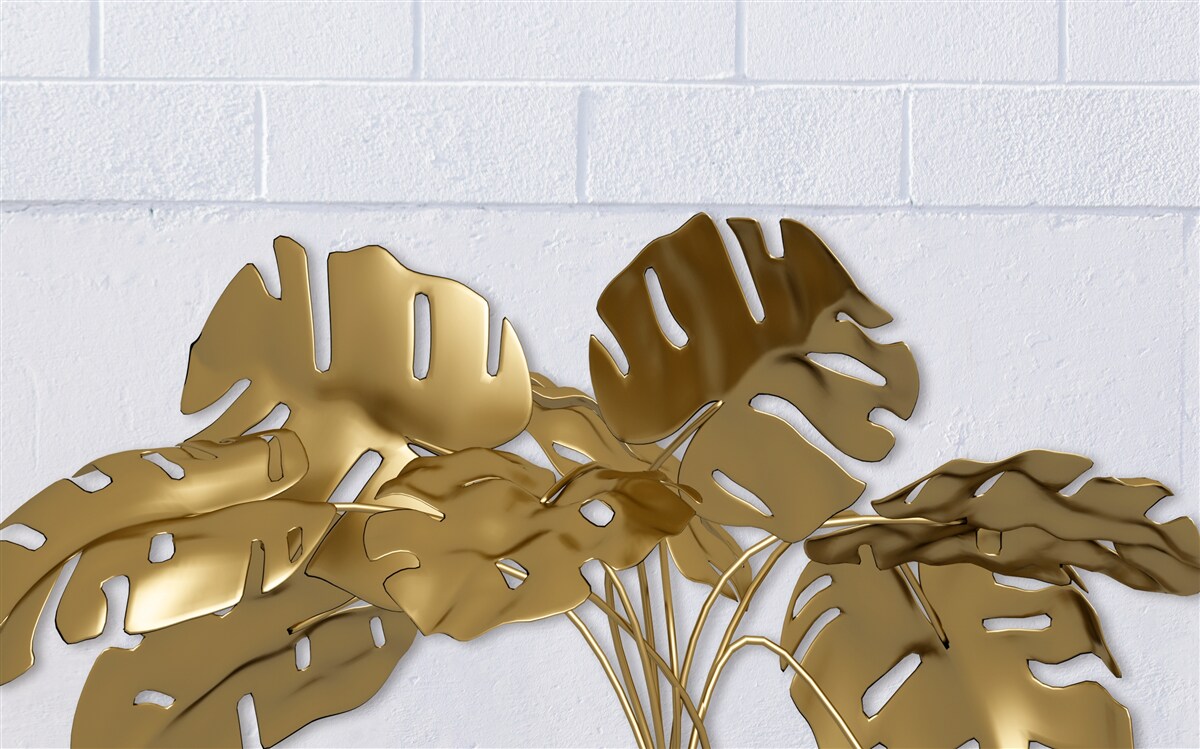 Fototapet frunze tropicale de cupru pe suprafața unei cărămizi