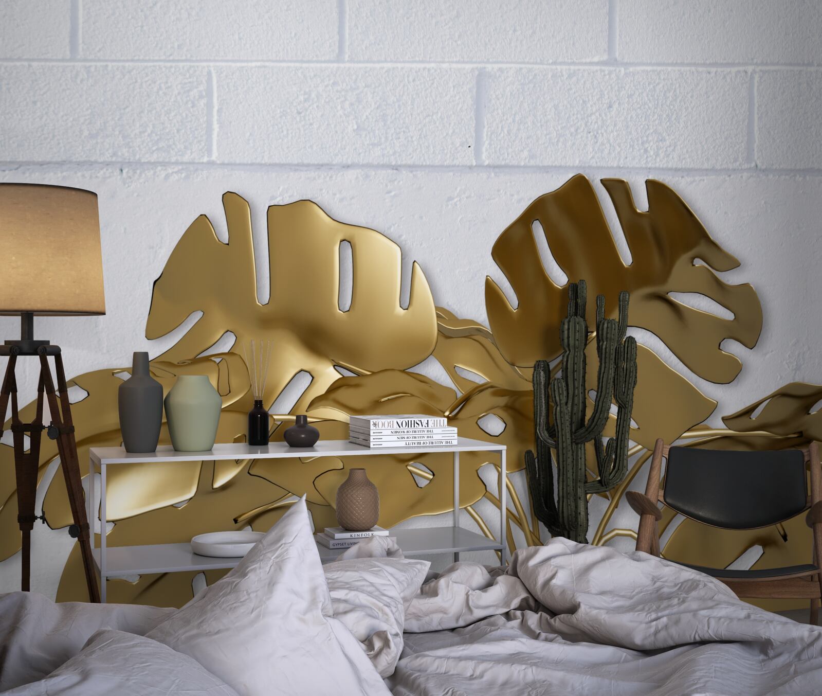 Fototapet frunze tropicale de cupru pe suprafața unei cărămizi