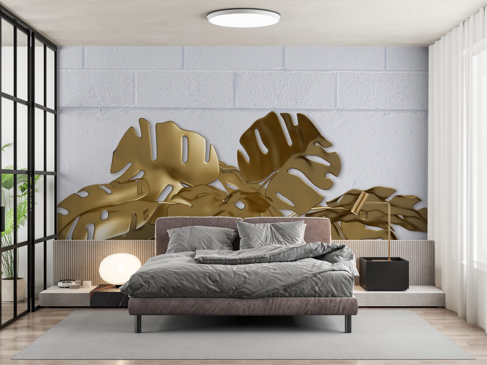 Fototapet frunze tropicale de cupru pe suprafața unei cărămizi