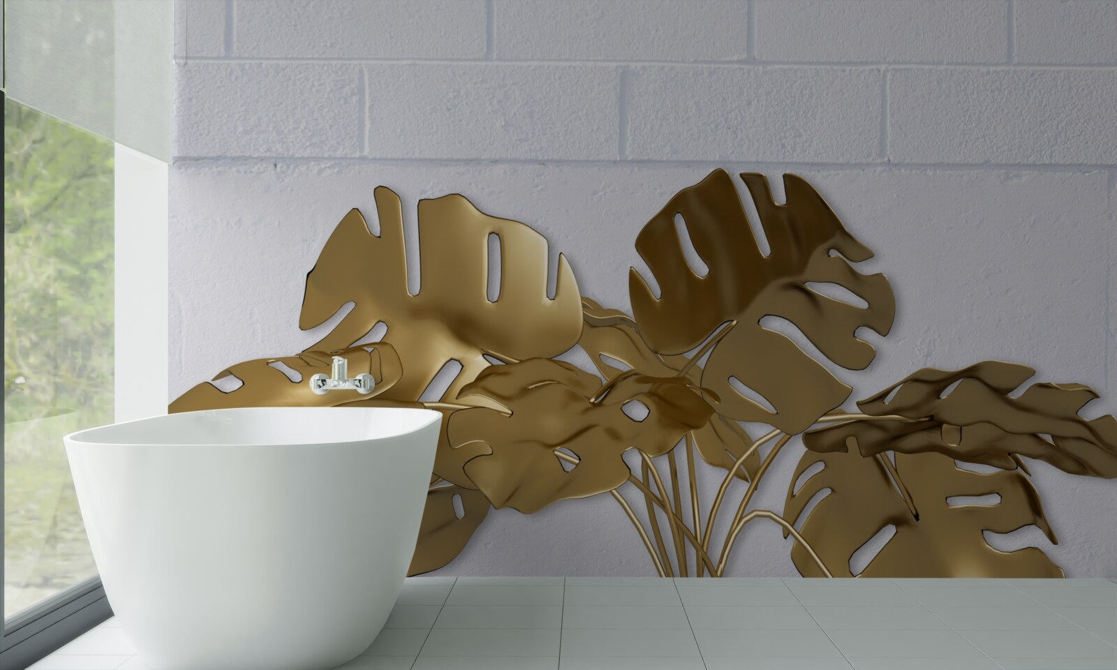 Fototapet frunze tropicale de cupru pe suprafața unei cărămizi