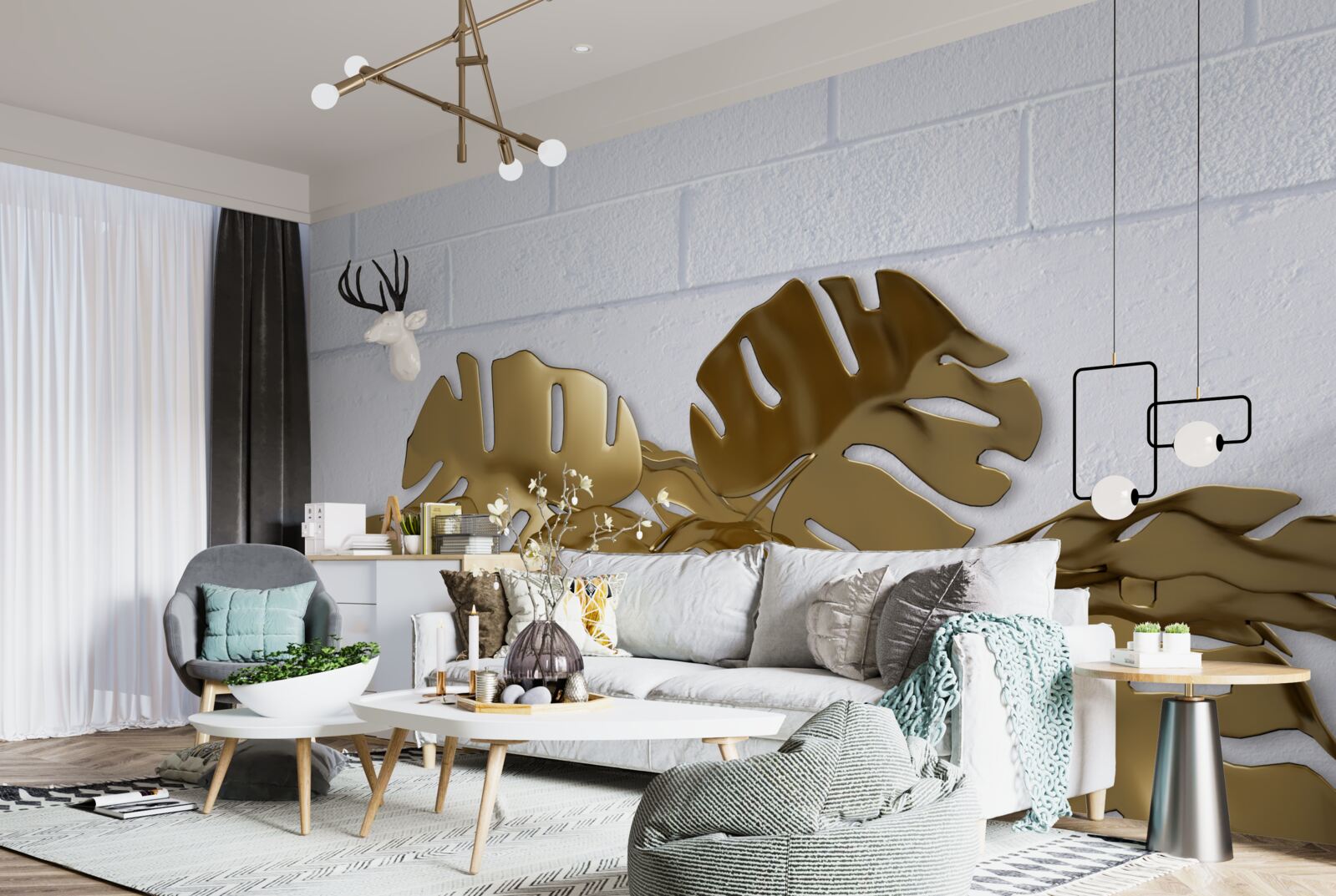 Fototapet frunze tropicale de cupru pe suprafața unei cărămizi