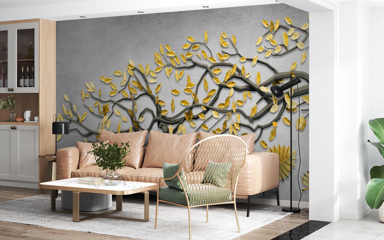 Fototapet ramură cu frunze aurii de toamnă