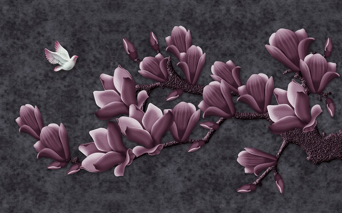 Fototapet nuanță de liliac de pasăre și magnolie