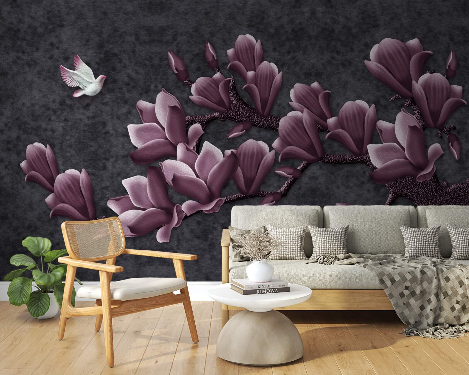 Fototapet nuanță de liliac de pasăre și magnolie