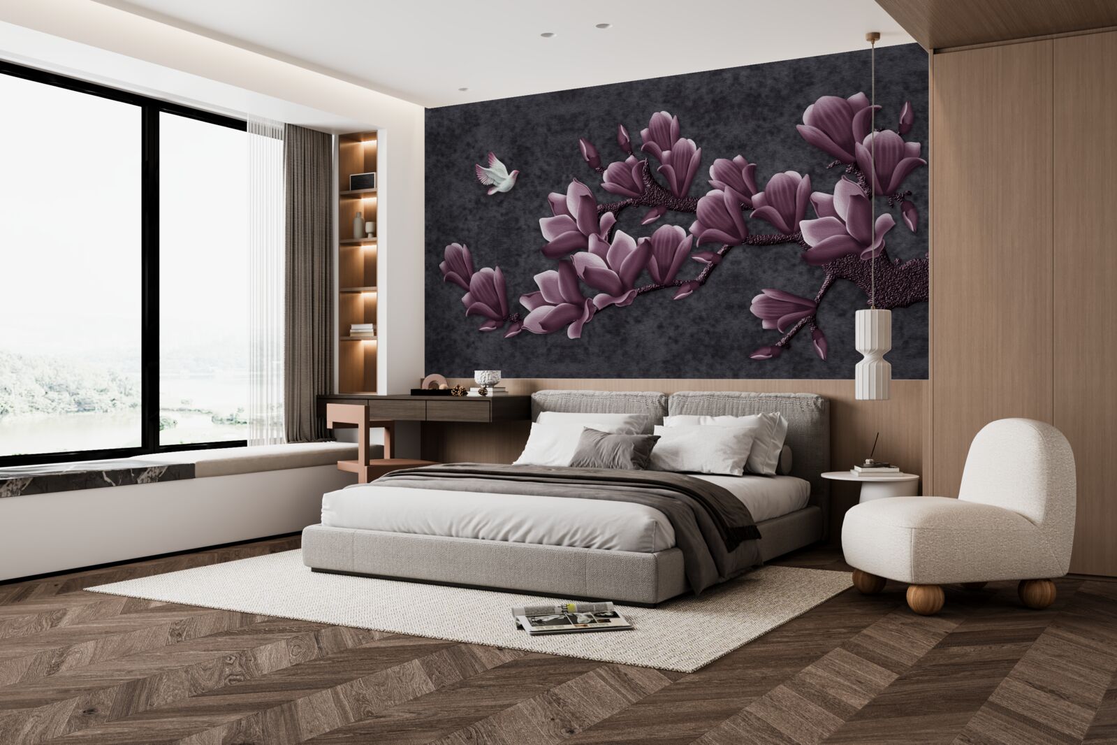 Fototapet nuanță de liliac de pasăre și magnolie